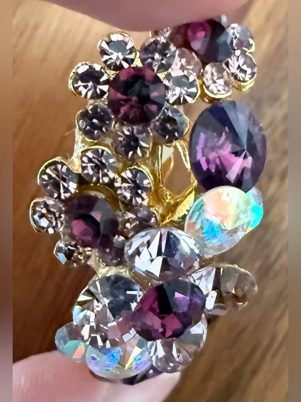 Vintage Gold-Tone Clip-On Earrings with Purple Aurora Borealis AB Rhinestone